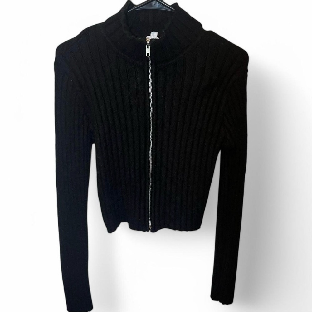 garage black ribbed zip-up sweater